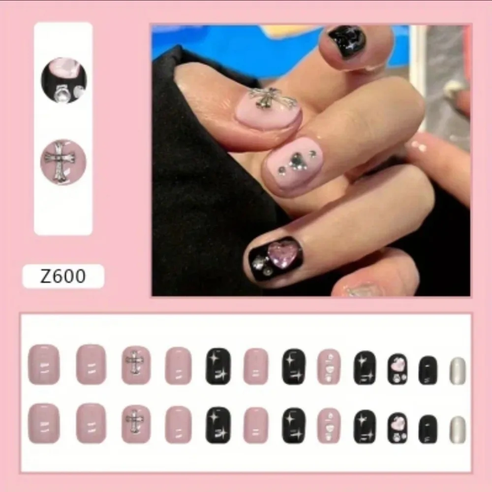 3D Cross Rhinestone Hearts Press On Nails